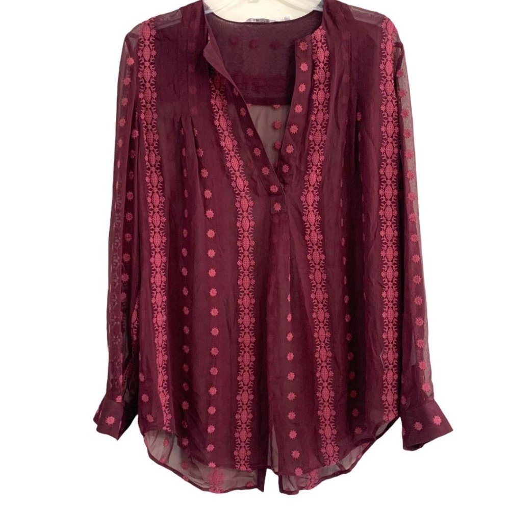 Zoa New York Burgundy Sheer Embroidered Blouse Size L